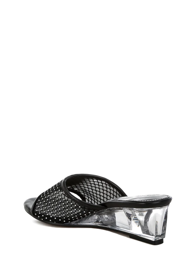 London Rag Mesh Clear Heel Wedge Sandals in Black