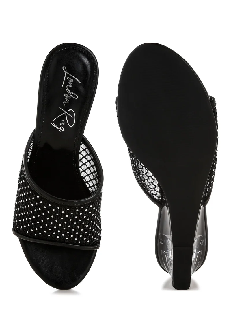London Rag Mesh Clear Heel Wedge Sandals in Black