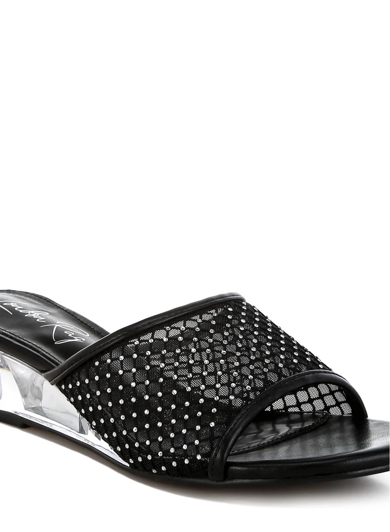 London Rag Mesh Clear Heel Wedge Sandals in Black