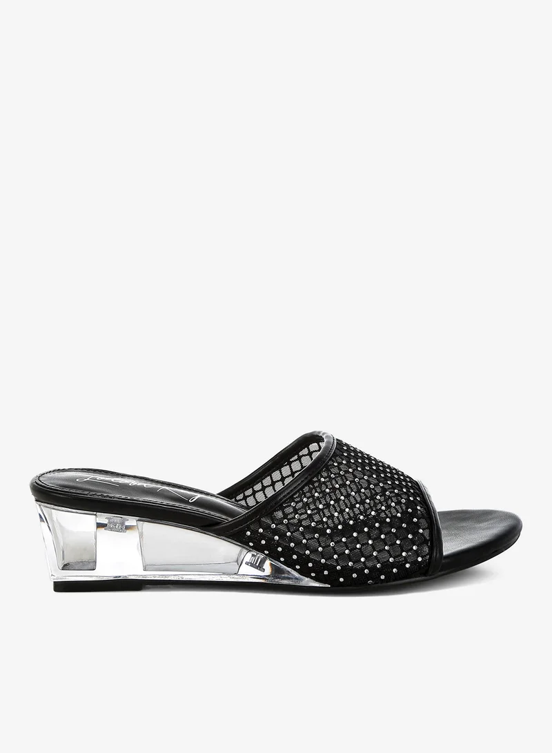 Mesh Clear Heel Wedge Sandals in Black