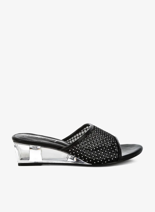 Mesh Clear Heel Wedge Sandals in Black