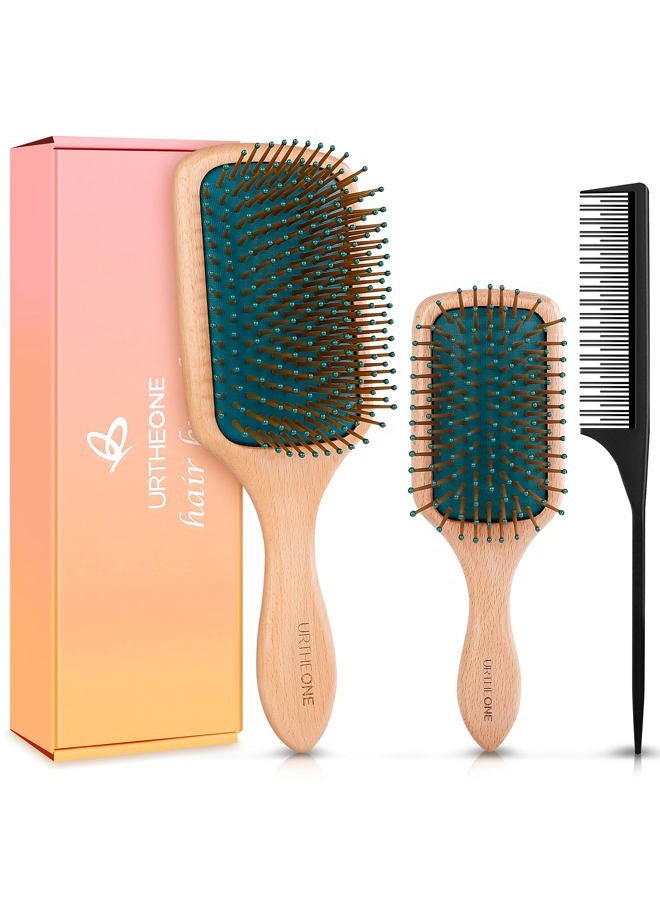 URTHEONE Hair Brush,Hair Brushes for Women Men Kids,Natural Wooden Paddle Detangler Brush and Small Travel Styling Brush Set for Curly Thick Thin Fine Wet Dry Hair Detangling Smoothing Massaging Blowdrying - Image 1