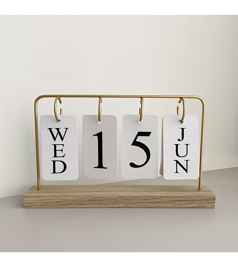 Creative Desktop Calendar Wooden Base Manual Flip Daily Planner Elegant Home Office Decor English Date Natural Wood Grain - Image 3