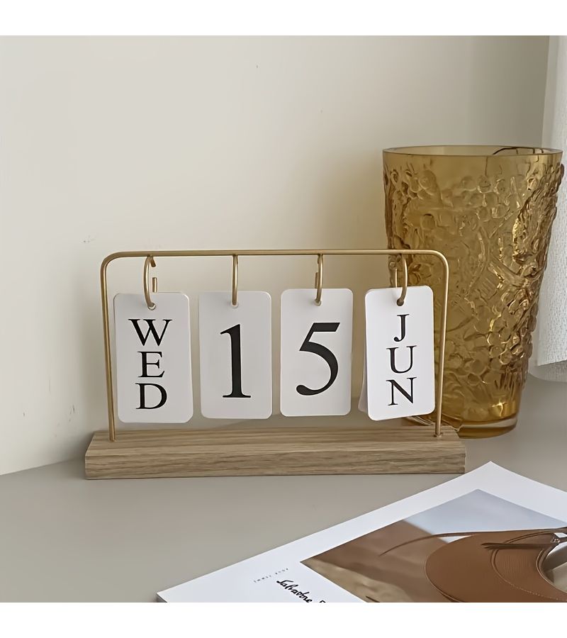 Creative Desktop Calendar Wooden Base Manual Flip Daily Planner Elegant Home Office Decor English Date Natural Wood Grain - Image 1