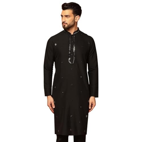 KISAH Men's Embroidered Cotton Kurta-Mirror Work, Regular Fit, Long Tunic for Weddings & Festive Occasions, Black, 42 - Image 2