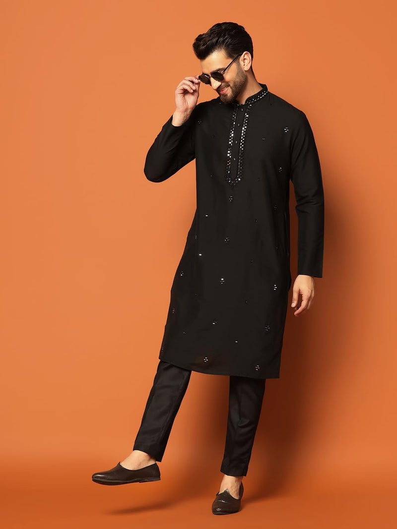 KISAH Men's Embroidered Cotton Kurta-Mirror Work, Regular Fit, Long Tunic for Weddings & Festive Occasions, Black, 42 - Image 5