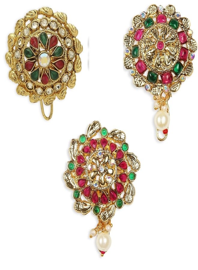 Fabula Jewellery Combo of 3 Red Maroon & Green Stones Ethnic Hair Bun Pin - Juda Pin | Floral Design with Pearls For Women & Girls Stylish Latest (HST1-HST11-HST13_Z)- For Women & Girls Stylish Latest