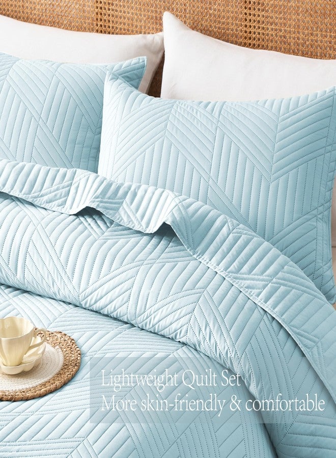 Davulos Queen Quilt Bedding Set,Aqua Blue Ultrasonic Full/Queen Quilt Set Reversible Microfiber Bedspread,Lightweight Soft Modern Geometric Coverlet Set for All Seasons(1 Quilt,2 Pillow Shams) - Image 5