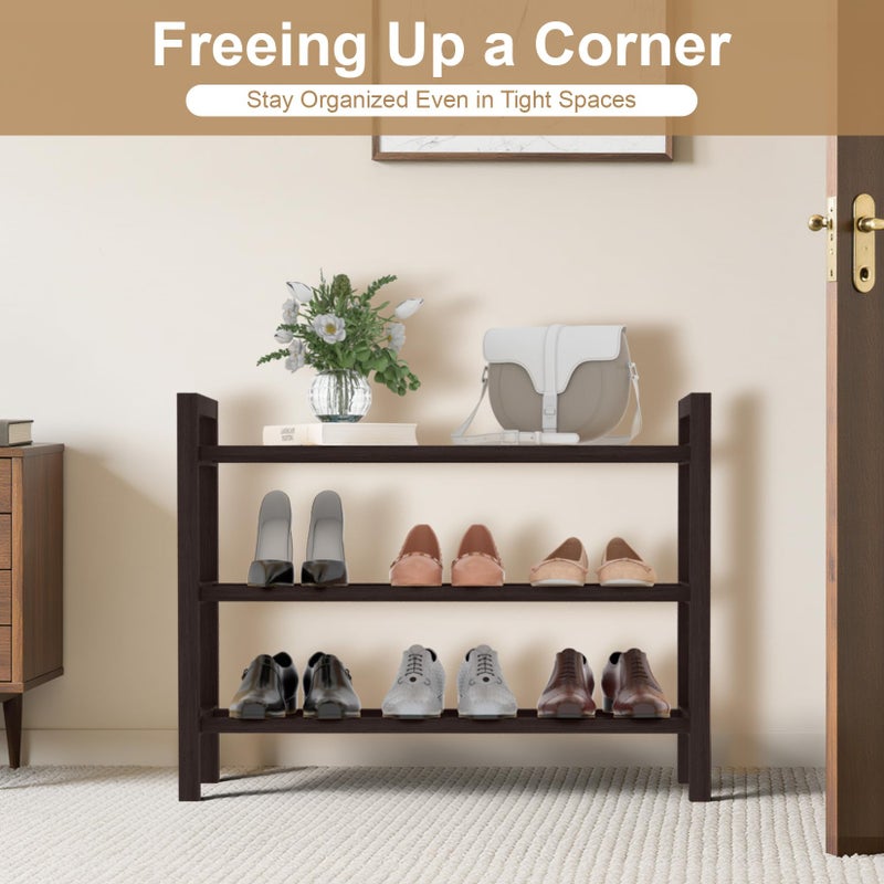 Haddockway Bamboo Shoe Rack for Closet, Free Standing Shoe Organizer with Smooth Round Rods & Convenient Handles, Stackable Shoe Storage Shelf for Entryway, Hallway(Brown, 3-Tier(Small)) - Image 4