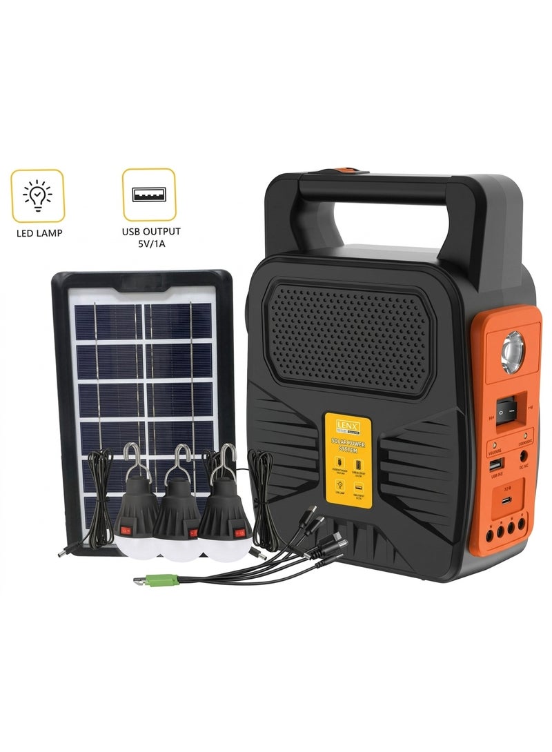 دينكس نظام طاقة شمسية محمول مزود بلوحة شمسية و3 مصابيح LED - محطة طاقة متعددة الوظائف مزودة بمنافذ USB لشحن الهواتف وراديو مدمج. - Image 1