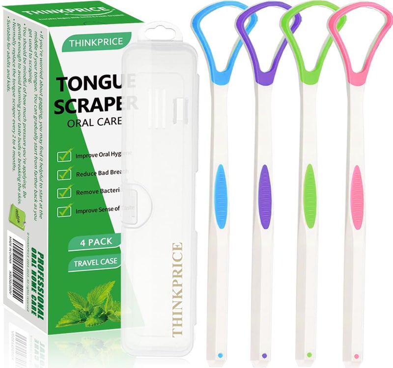 THINKPRICE Tongue Scraper Cleaner 100% BPA Free Tongue Scrapers with Travel Handy Case for Adults, Kids, Healthy Oral Care, Easy to Use, Help Fight Bad Breath (4 PACK) - Image 1