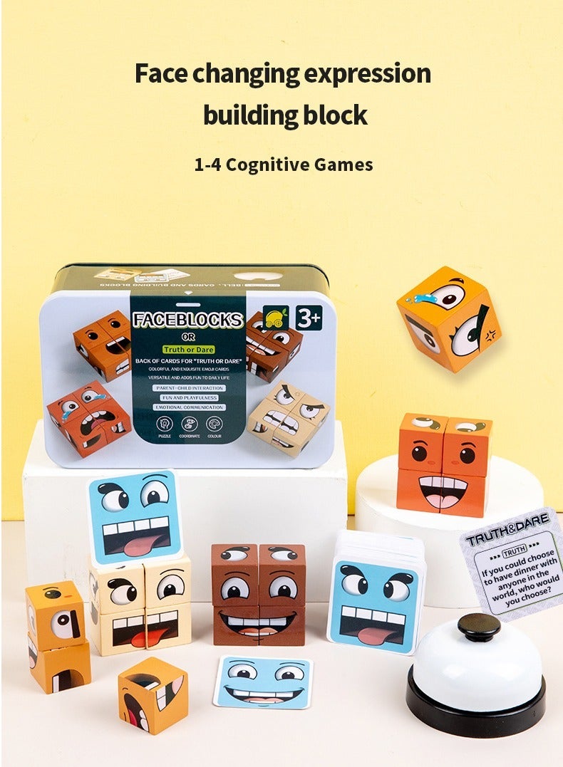 Wooden Face Changing Expression Rubik's Cube Toy with Bell, Table Interactive Game  - Image 2