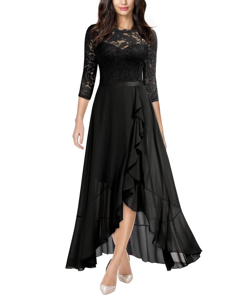 Miusol Women's Elegant Floral Lace Ruffle Bridesmaid Maxi Dress (XX-Large, Black) - Image 1