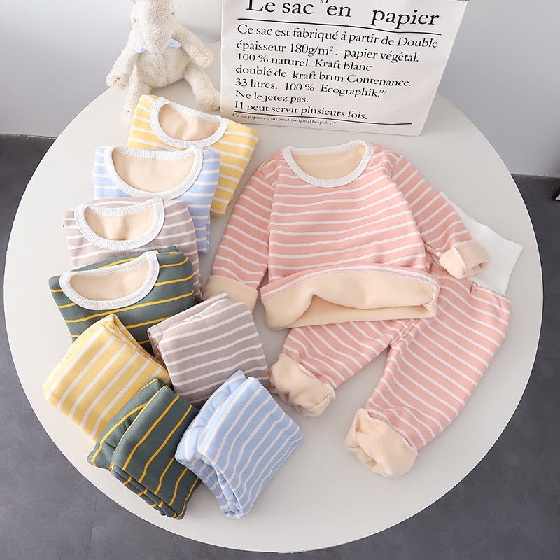 Children's clothing baby New striped high waist thermal underwear two-piece set 2022 autumn and winter baby boys and girls suit wholesale - Image 2