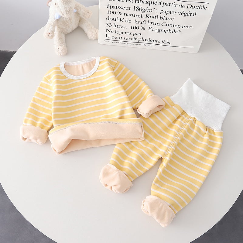 Children's clothing baby New striped high waist thermal underwear two-piece set 2022 autumn and winter baby boys and girls suit wholesale - Image 5