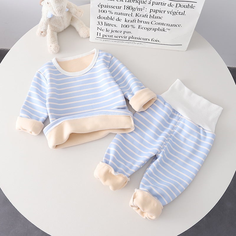 Children's clothing baby New striped high waist thermal underwear two-piece set 2022 autumn and winter baby boys and girls suit wholesale - Image 4
