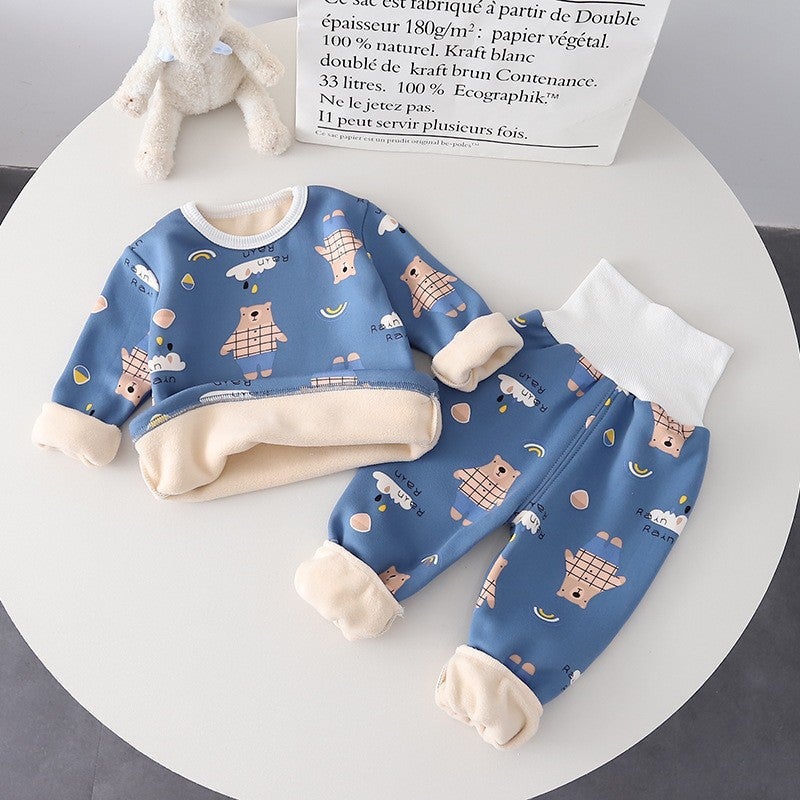 Children's clothing baby New striped high waist thermal underwear two-piece set 2022 autumn and winter baby boys and girls suit wholesale - Image 1