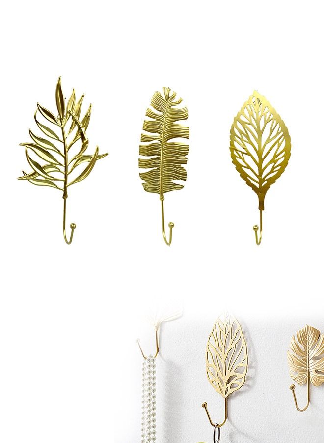 3PCS Vintage Golden Leaf Iron Art Wall Hook, Light Luxury Corrosion Resistant Thickened Multifunctional Storage Decorative Hooks, Hanging Key Hat Scarf Purse Towel Holder(Golden)  - Image 1