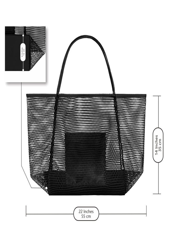 NPBAG حقيبة شاطئ شبكية للنساء، حقيبة حمل كبيرة للسباحة في المسبح والسفر والعطلات، حقيبة كتف خفيفة الوزن مقاومة للرمل لفصل الصيف، أسود، كبير - Image 2