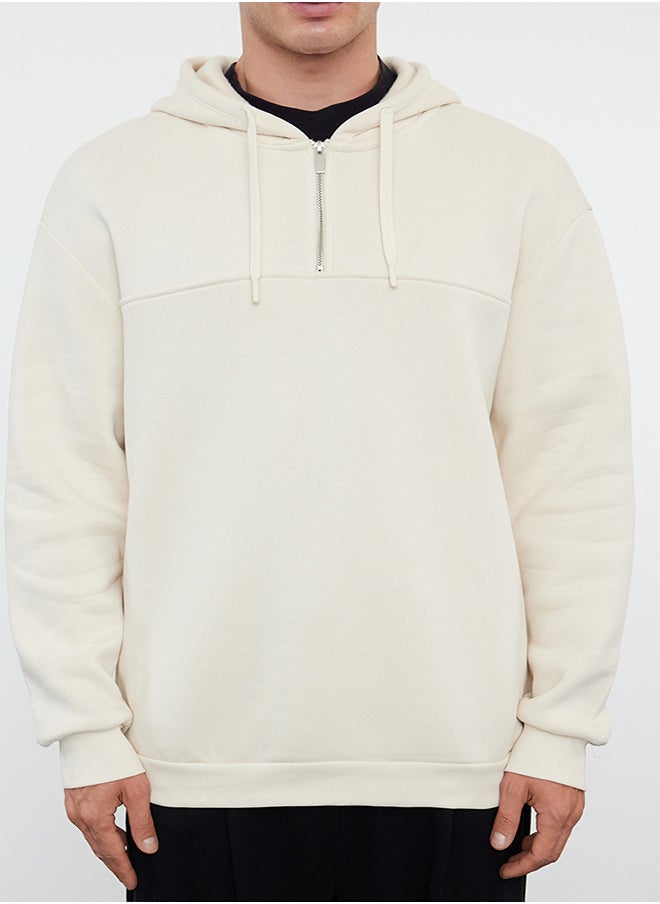 trendyol Beige Zipper and Stitching Detailed Oversize/Wide Fit Thick Fleece Lined Sweatshirt TMNAW25SW00000  - Image 1