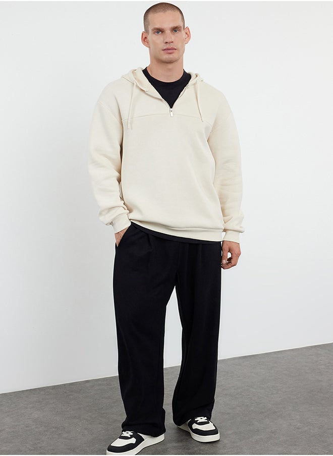 trendyol Beige Zipper and Stitching Detailed Oversize/Wide Fit Thick Fleece Lined Sweatshirt TMNAW25SW00000  - Image 3