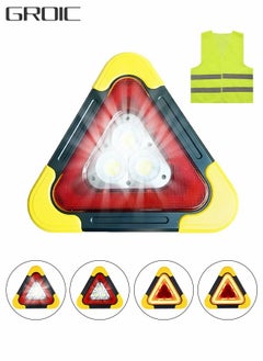 Multifunctional Emergency Warning Triangle - Car Triangle Warning Sign Tripod with Reflective vest，Safety Signal Light, LED flood Light, Water-resistant, Shockproof,Portable
