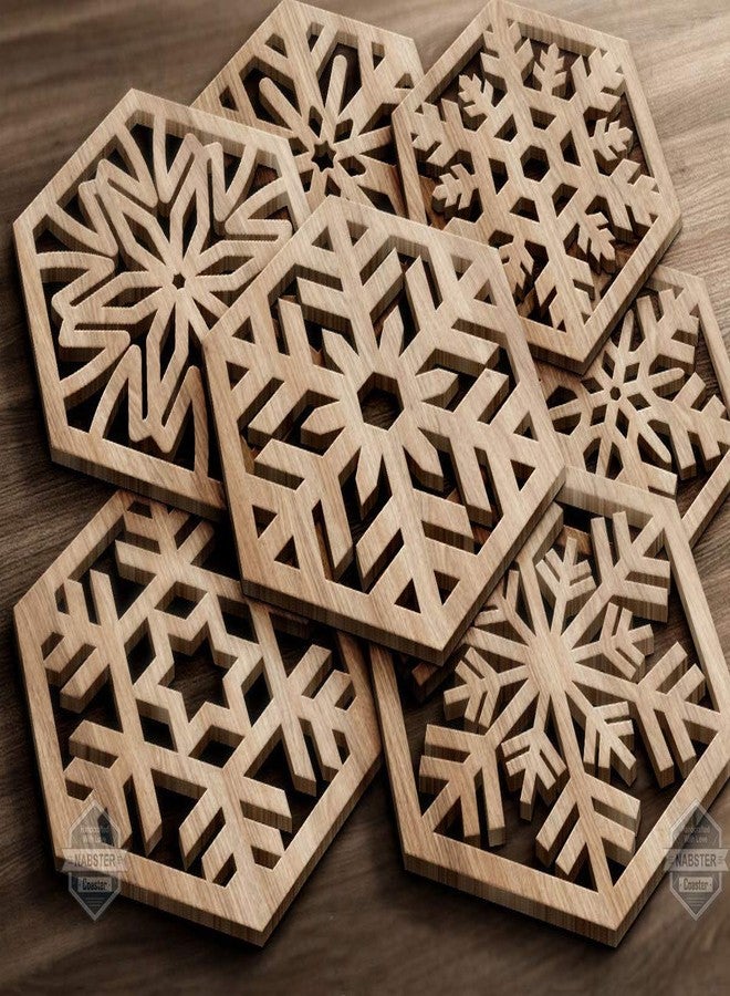 NABSTER Handmade Snowflake-Hexagonal Wooden Coaster for Home Kitchen, Office Desk Set of 6 Coasters with Durable Water-Resistant Coating Coating (4 x 4 Inch) - Walnut