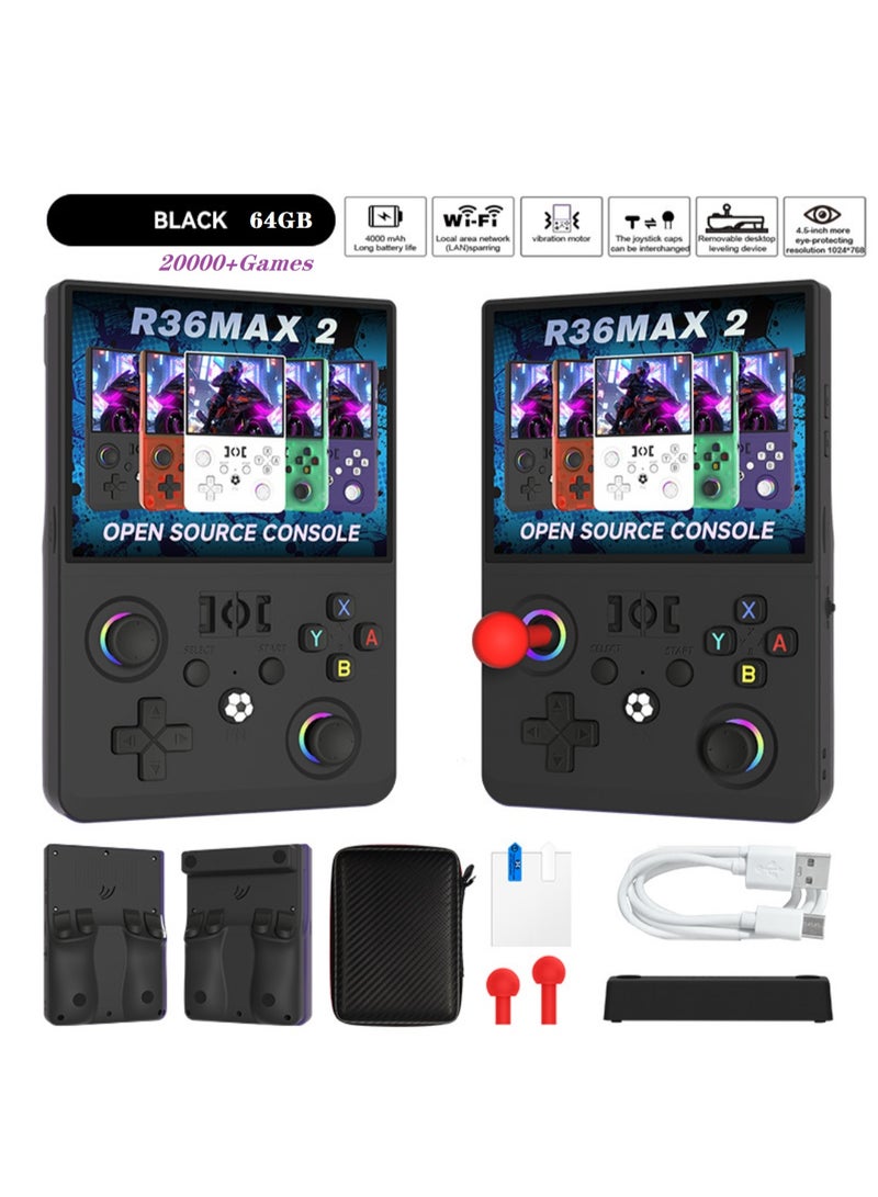 R36MAX II 4.5 بوصة ريترو وحدة تحكم اللعبة المحمولة,1024x768 IPS شاشة HD,64G مدمجة في 20000 + لعبة كلاسيكية,نظام لينكس مفتوح المصدر المحمول,واي فاي متكامل في وحدات تحكم ألعاب الفيديو الرجعية,بطارية 4000mAh مع أركاد جويستيك * 2 - Image 1