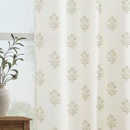 Lino Rosa Neutral Curtains for Modern Farmhouse Style Living Room,Farm House Country Floral Patterned Linen Sheer Primitive Curtain for Bedroom 96 Inch Long 2 Panel Set 8FT 8 FT Length Floor to Ceiling Curtains - Image 3