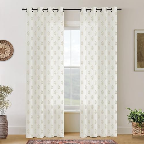 Lino Rosa Neutral Curtains for Modern Farmhouse Style Living Room,Farm House Country Floral Patterned Linen Sheer Primitive Curtain for Bedroom 96 Inch Long 2 Panel Set 8FT 8 FT Length Floor to Ceiling Curtains - Image 1