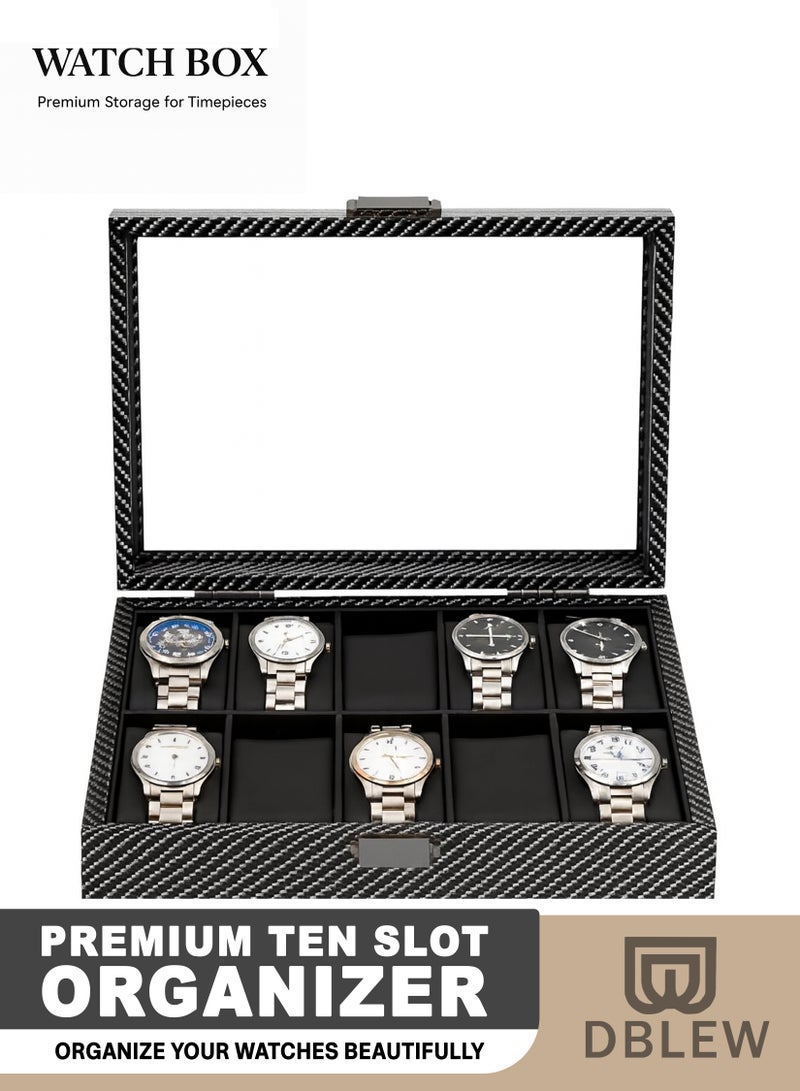 دي بلو منظم صندوق ساعات فاخر للرجال والنساء، 10 فتحات، علبة عرض من الخشب الصلب مع وسائد من جلد البولي يوريثان، غطاء أكريليك شفاف، تصميم من ألياف الكربون قابل للقفل، مقاوم للغبار والخدش، حامل تخزين للساعات للاستخدام في المنزل والمكتب والهدايا - Image 1