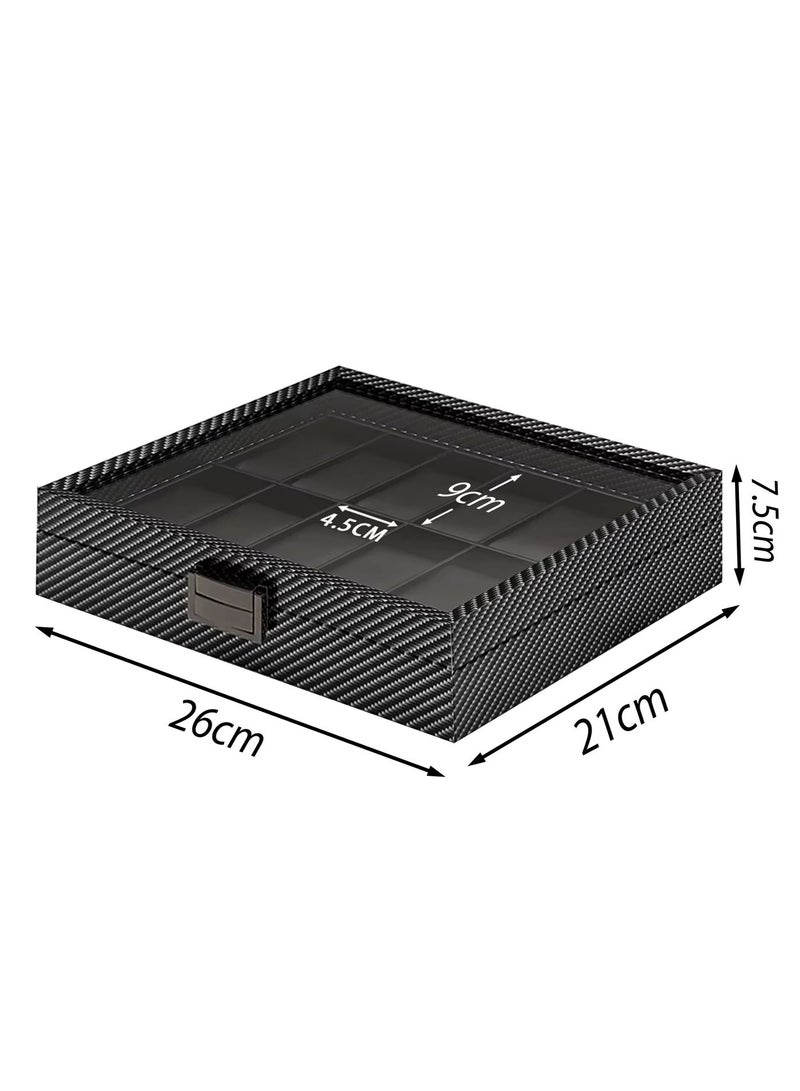 دي بلو منظم صندوق ساعات فاخر للرجال والنساء، 10 فتحات، علبة عرض من الخشب الصلب مع وسائد من جلد البولي يوريثان، غطاء أكريليك شفاف، تصميم من ألياف الكربون قابل للقفل، مقاوم للغبار والخدش، حامل تخزين للساعات للاستخدام في المنزل والمكتب والهدايا - Image 2