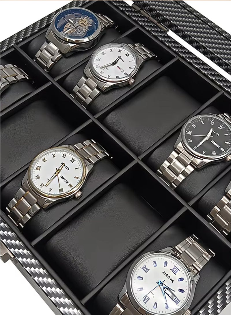 دي بلو منظم صندوق ساعات فاخر للرجال والنساء، 10 فتحات، علبة عرض من الخشب الصلب مع وسائد من جلد البولي يوريثان، غطاء أكريليك شفاف، تصميم من ألياف الكربون قابل للقفل، مقاوم للغبار والخدش، حامل تخزين للساعات للاستخدام في المنزل والمكتب والهدايا - Image 3