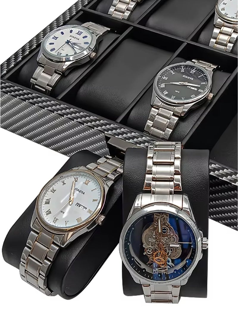 دي بلو منظم صندوق ساعات فاخر للرجال والنساء، 10 فتحات، علبة عرض من الخشب الصلب مع وسائد من جلد البولي يوريثان، غطاء أكريليك شفاف، تصميم من ألياف الكربون قابل للقفل، مقاوم للغبار والخدش، حامل تخزين للساعات للاستخدام في المنزل والمكتب والهدايا - Image 4