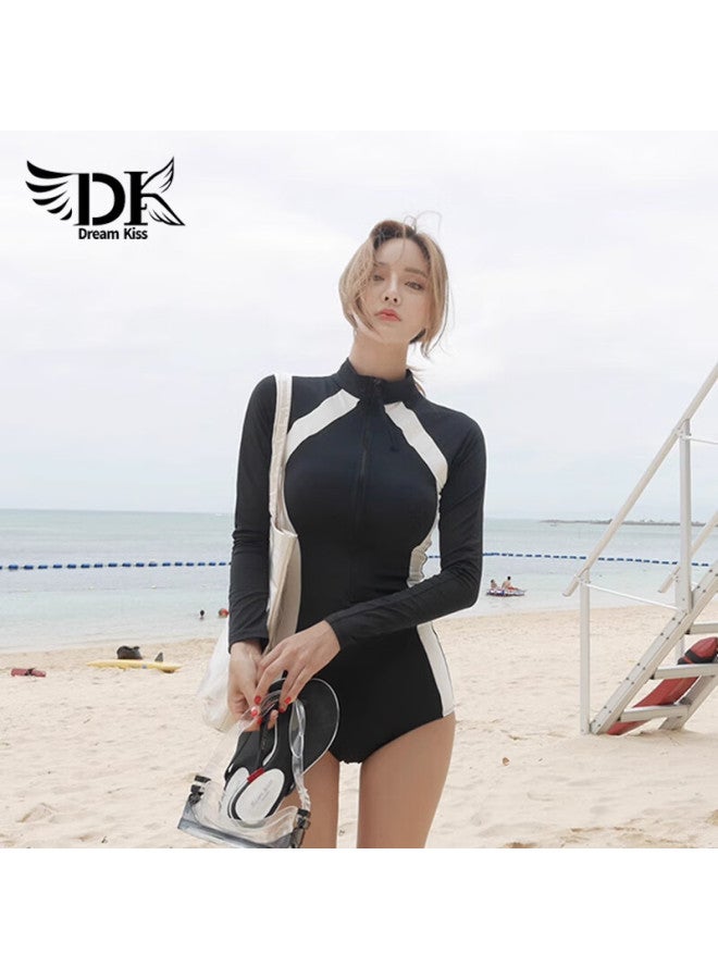 Dk Women's Long-sleeve One-piece Swimsuit, 2025 New Style, Hot Spring Professional Sports Surfing Suit, Conservative For Swimming Pool Use, Size M - Image 1