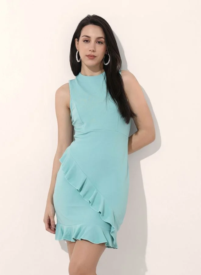 Women Regular Fit Solid Round Neck Sleeveless Ruffle Dress