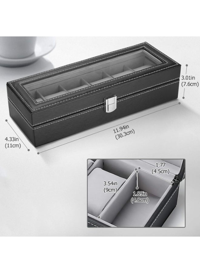 ProCase 6 Slots Watch Box Display Case Organizer for Men, PU Leather Watches Organizer Storage with Crystal Glass Lid -Black - Image 3