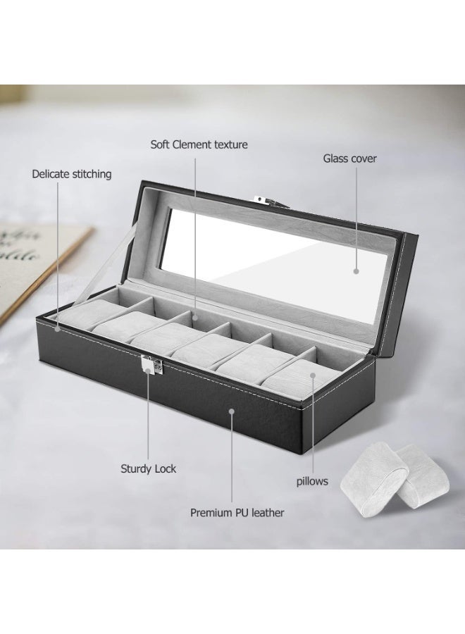 ProCase 6 Slots Watch Box Display Case Organizer for Men, PU Leather Watches Organizer Storage with Crystal Glass Lid -Black - Image 2