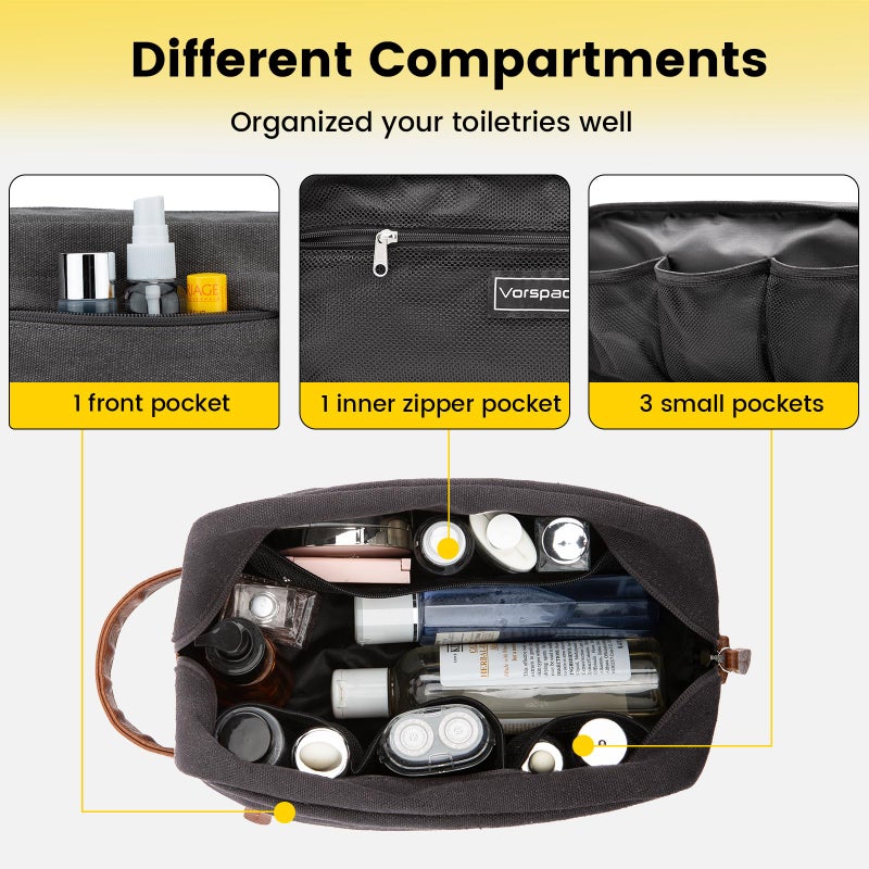 Vorspack Toiletry Bag Hanging Dopp Kit for Men Water Resistant Canvas Shaving Bag with Large Capacity for Travel - Dark Grey - Image 4