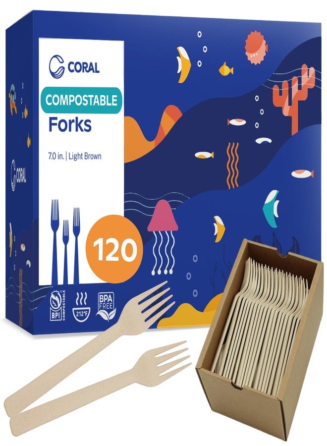 CORAL Light Brown 100% Compostable Forks - 120 Heavy Duty Forks (7.0 inch) - Break Resistant with Smooth Edges, Ocean Friendly Alternative to Plastic Silverware - Biodegradable & Disposable Forks - Image 1