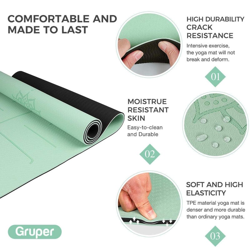 Gruper Yoga Mat Non Slip TPE Thick Yoga Mat with Alignment Mark, Large Size 72"L x 32"W x 0.32"Th or 0.24"Th, Anti-Tear Exercise & Fitness Mat for Yoga, Pilates & Floor Workouts (Green Black, Thickness-8mm) - Image 5