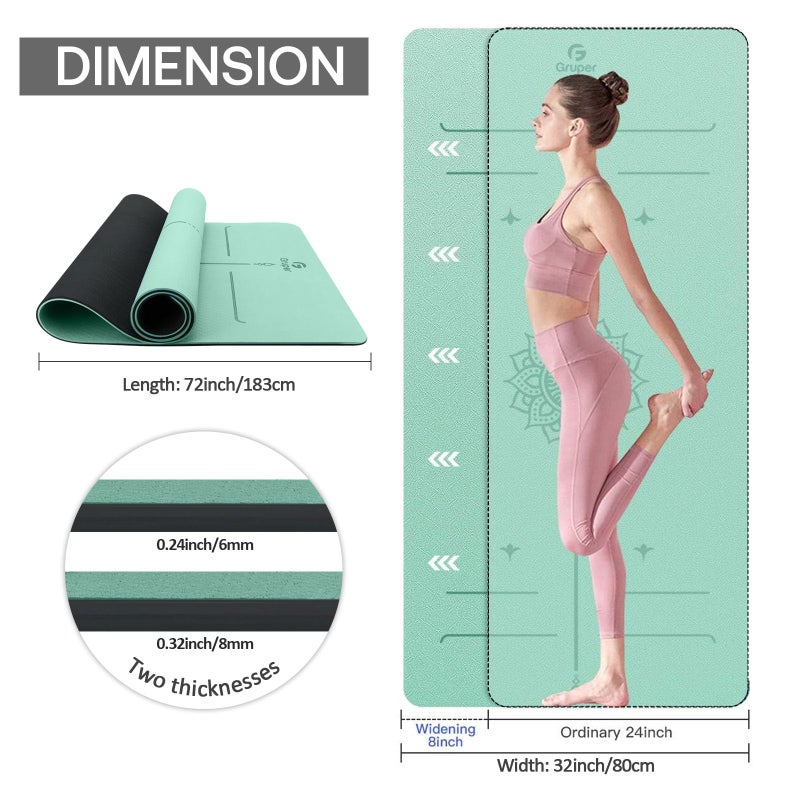 Gruper Yoga Mat Non Slip TPE Thick Yoga Mat with Alignment Mark, Large Size 72"L x 32"W x 0.32"Th or 0.24"Th, Anti-Tear Exercise & Fitness Mat for Yoga, Pilates & Floor Workouts (Green Black, Thickness-8mm) - Image 3
