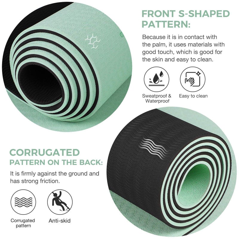 Gruper Yoga Mat Non Slip TPE Thick Yoga Mat with Alignment Mark, Large Size 72"L x 32"W x 0.32"Th or 0.24"Th, Anti-Tear Exercise & Fitness Mat for Yoga, Pilates & Floor Workouts (Green Black, Thickness-8mm) - Image 4