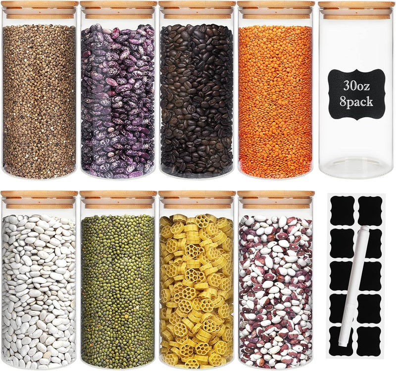 DHSBTLS Glass Food Storage Containers Jars with Airtight Bamboo Lid 30 oz 8 pcs, 890 ml Pantry Organization Jar, Glass Terrarium with Lid, Spice, Flour and Sugar Container, Canister Set for Kitchen Counter - Image 1