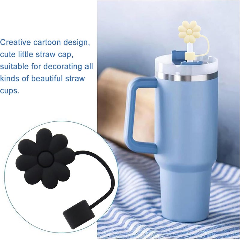 Meitesti Flower Straw Cover for Stanley Cup - Silicone Topper Compatible with 30 & 40 Oz Tumbler with Handle - 10mm 0.4in Tip Covers (2pcs Black 2pcs Beige Flower) - Image 5