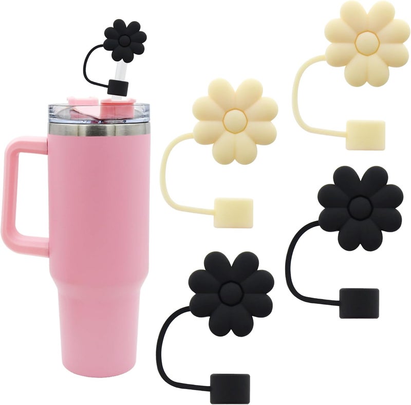 Meitesti Flower Straw Cover for Stanley Cup - Silicone Topper Compatible with 30 & 40 Oz Tumbler with Handle - 10mm 0.4in Tip Covers (2pcs Black 2pcs Beige Flower) - Image 1