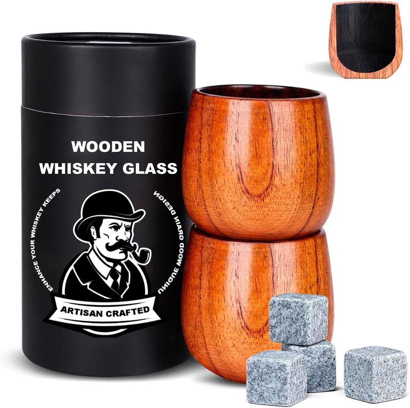 Lotnafee طقم كؤوس ويسكي خشبية مشوية من 2 قطعة – أكواب بوربون للرجال مع داخل محترق – أكواب كوكتيل قديمة الطراز – هدايا للأب، الرجال، الأخ، أو عشاق الويسكي - Image 1
