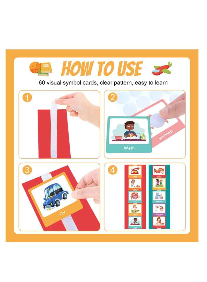 NOVOLAN Visual Time Chart for Children, Visual Time Chart Non-Verbal Communication Visual Aid Schedule Planning Daily Cards, Hook and Loop Tape, With 60 Visual Cards & 12 Background Boards - Image 3