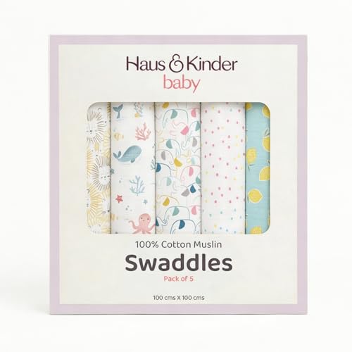 haus & kinder 100% Cotton Muslin Swaddle Wrap for New Born Baby | Pack of 5 (100×100 cm) | Baby Blanket & Swaddles for Newborn | Dream Safari Collection - Image 2