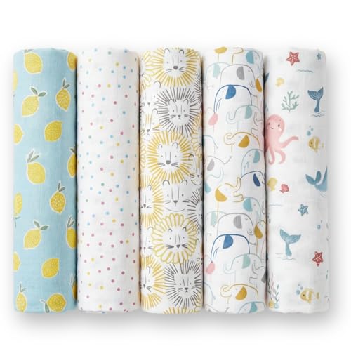 haus & kinder 100% Cotton Muslin Swaddle Wrap for New Born Baby | Pack of 5 (100×100 cm) | Baby Blanket & Swaddles for Newborn | Dream Safari Collection - Image 1